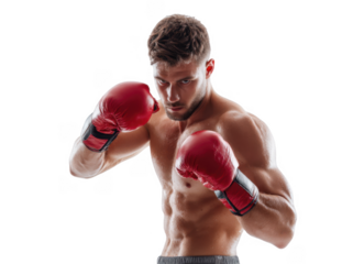 A muscular boxer in red gloves stands in a fighting stance against a white background. showcasing determination and readiness for a match. with an emphasis on athleticism and strength