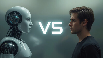 Humanoid robot facing man with &ldquo;VS&rdquo; text on smoky blue background symbolizing human versus artificial intelligence concept.