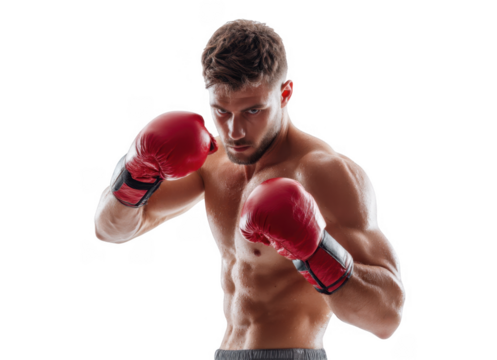 A muscular boxer in red gloves stands in a fighting stance against a white background. showcasing determination and readiness for a match. with an emphasis on athleticism and strength