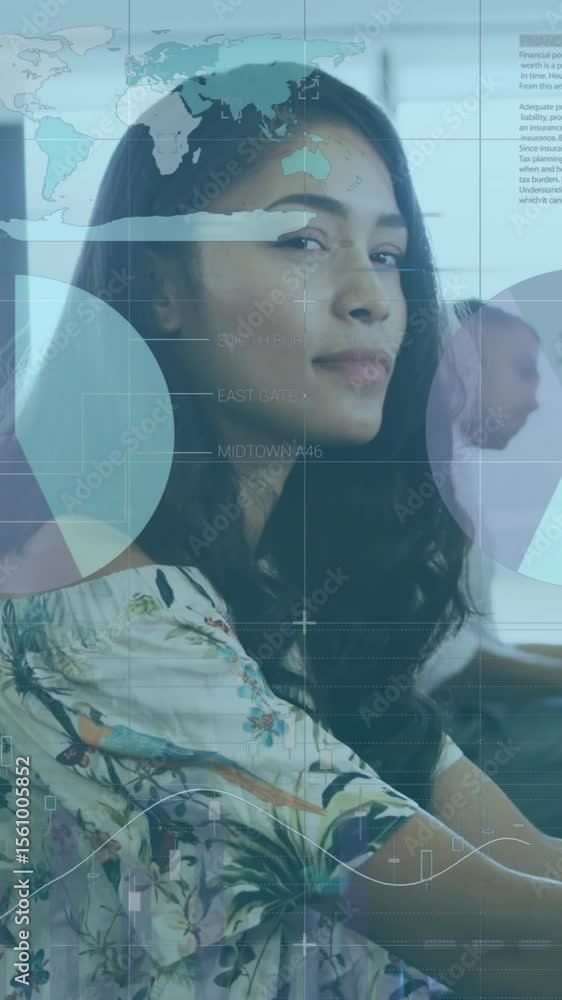 Poster animation of interface showing data and statistics with businesswoman and working in office