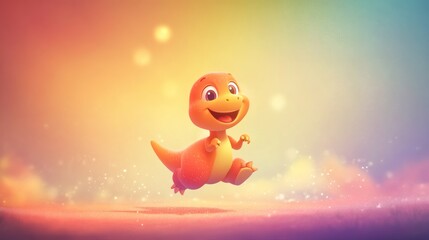 Animated orange dinosaur happily jumping in a colorful background setting