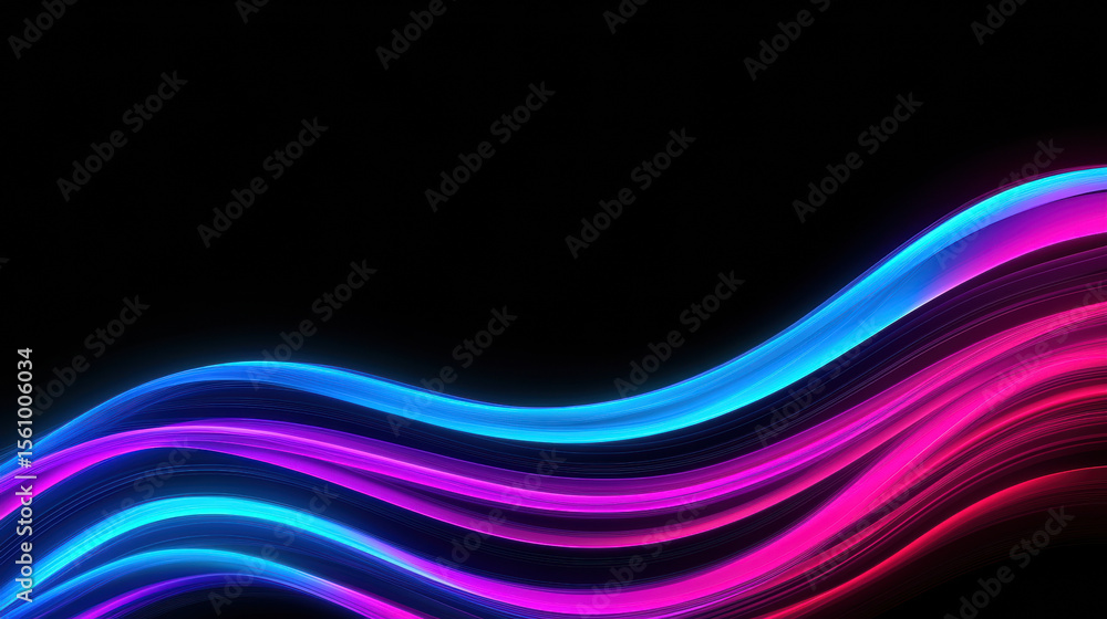 Poster vibrant neon light waves in blue and pink flow smoothly across a black background, creating a dynami