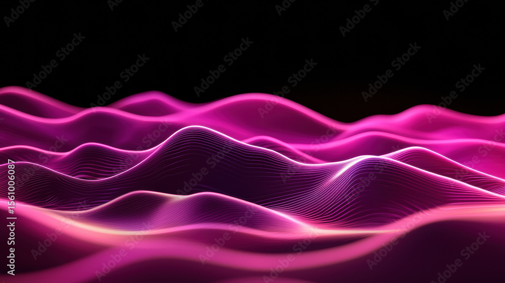 Poster abstract digital waves in vibrant pink and purple hues flow smoothly against a black background, cre