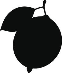 Simple black silhouette of a ripe lemon with a stem and two leaves on a white background