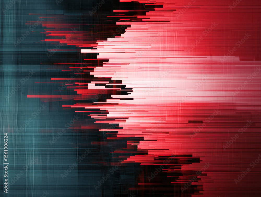 Poster abstract digital art featuring horizontal lines in shades of red, black, and white, creating a dynam