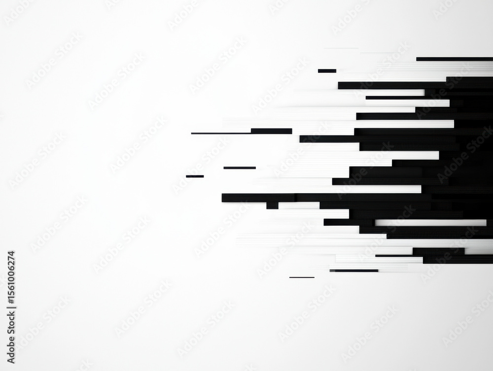 Poster abstract black horizontal bars and lines extend from the right side, creating a minimalist, modern d
