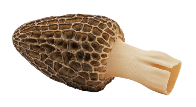 Close up of a delicious morel mushroom featuring its unique honeycomb texture