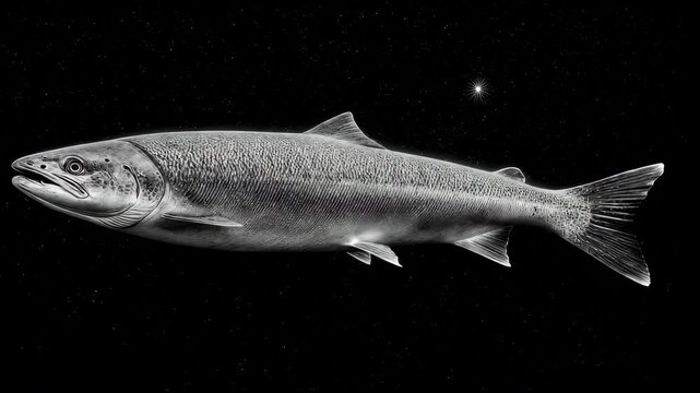 Detailed salmon fish illustration against starry black background 4K Seamless loop animation