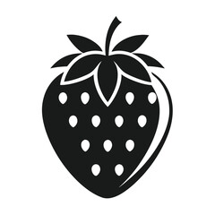 Simple black and white icon of a strawberry with seeds and green leaves perfect for food graphics and designs