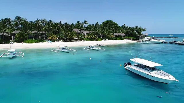 Aerial view of tropical island with white sand beach, boats, and turquoise water on a sunny day