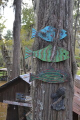 Colorful wooden fish decorations on tree in Caddo Lake, Texas