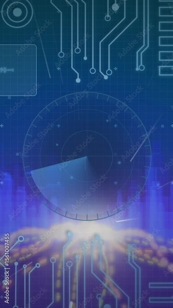 Poster digital interface with data processing against 3dcity model on blue background