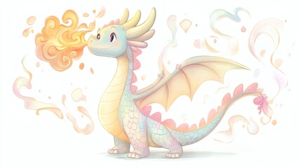 A friendly colorful dragon exhaling fire from its smiling face
