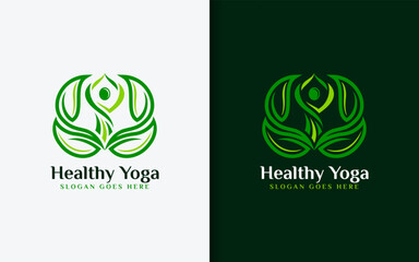 Green logo combining leaf and person in yoga pose, designed in minimalist style. Perfect for wellness, yoga studios, eco brands, and health-focused businesses.