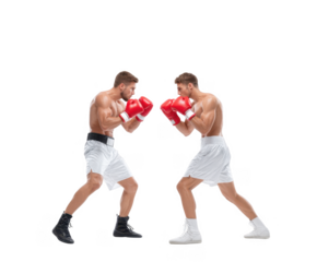 Two male boxers in a dynamic stance. wearing red gloves and white shorts. facing each other in a professional boxing match against a plain white background. emphasizing their athleticism and intensity
