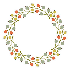 Autumn berry circle frame. Round border made of fall berries. The berries have different shapes and are arranged in a circle. Vector flat isolated on white background.