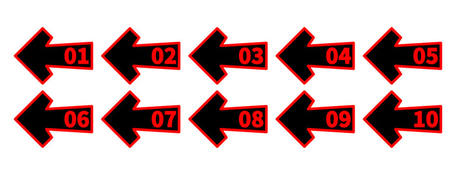 Numbered Arrows Set 1 to 10 – Bold Black and Red Direction Icons for Presentation and Infographics