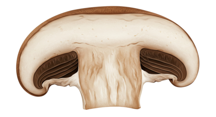 Detailed cross section illustration of a brown cap mushroom halved