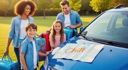Happy Family Preparing for Road Trip with Suitcases and Map in Park