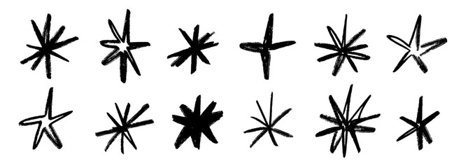 Plakat Crayon hand drawn stars set. Childish doodled sparks and sparkles collection. Grunge rough brush stroke shine element pack for collage, poster, sticker, label. Black pencil sketched symbols. Vector