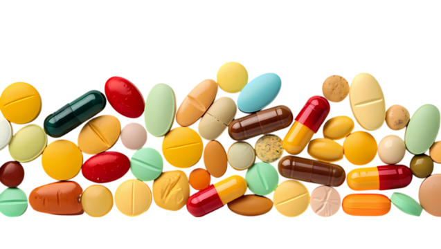 A variety of colorful pills and capsules are isolated on transparent background