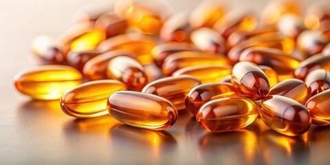 Amber-hued gel capsules scattered on a reflective surface, showcasing their translucent quality and vibrant color.