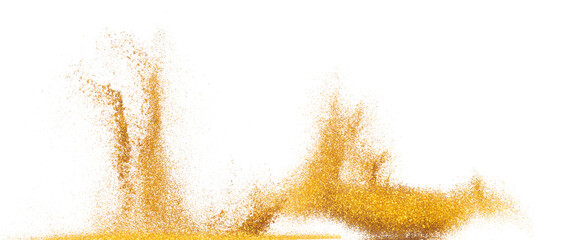 Explosion metallic gold glitter sparkle bokeh isolated white background decoration. Golden Glitter...