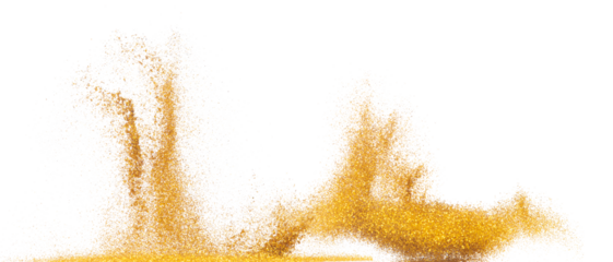 Explosion metallic gold glitter sparkle bokeh isolated white background decoration. Golden Glitter powder spark blink celebrate, blur foil part explode in air, fly throw gold glitters particle shape