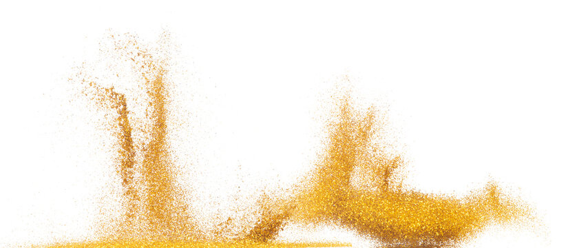 Explosion metallic gold glitter sparkle bokeh isolated white background decoration. Golden Glitter powder spark blink celebrate, blur foil part explode in air, fly throw gold glitters particle shape