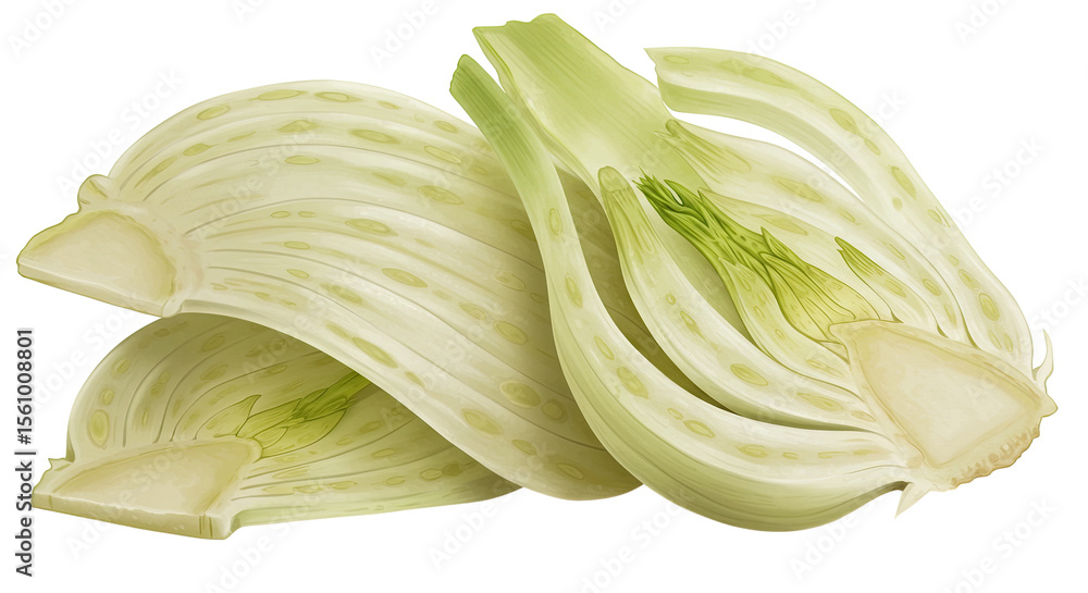 Poster fennel bulbs are cut in half showcasing its distinctive structure and texture
