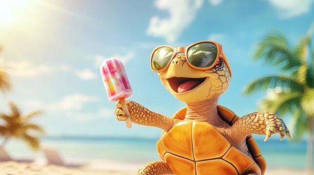 A smiling cartoon turtle enjoying a summer day with a popsicle