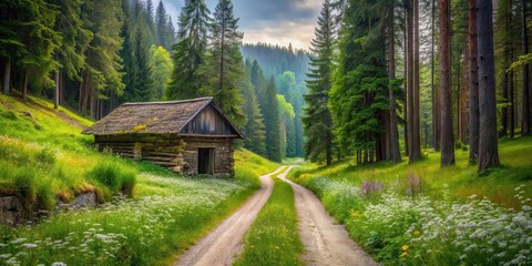 Secluded Rustic Cabin Nestled in a Lush Green Forest with a Winding Dirt Road