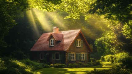 A charming cottage nestled within a sunlit and verdant forest scene