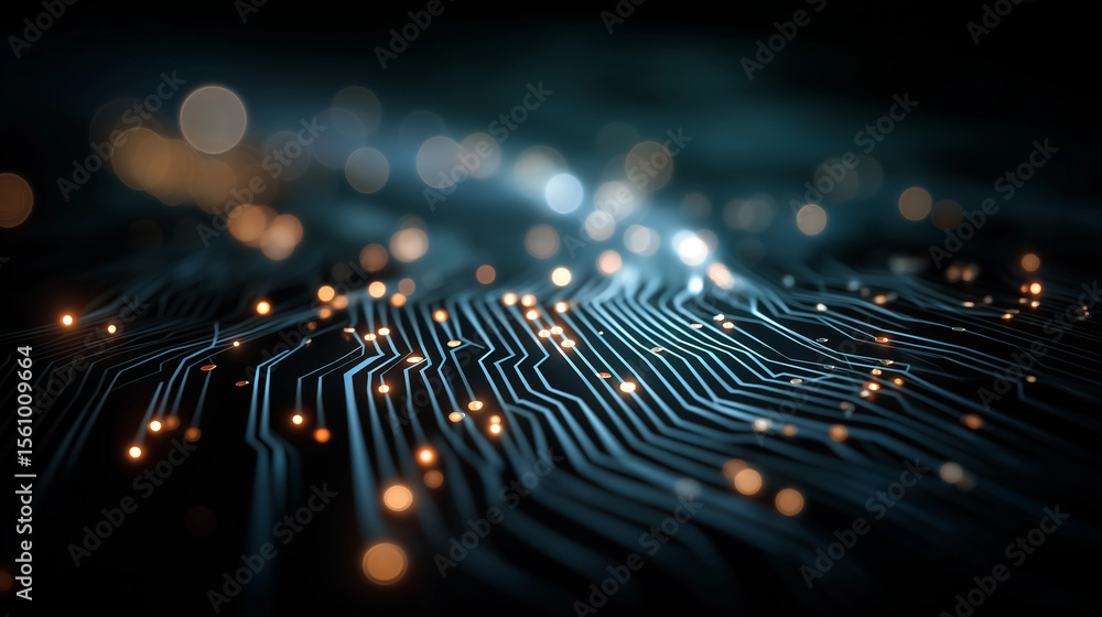 Poster circuit board glow: abstract close-up of a circuit board with glowing nodes, suggesting technologica