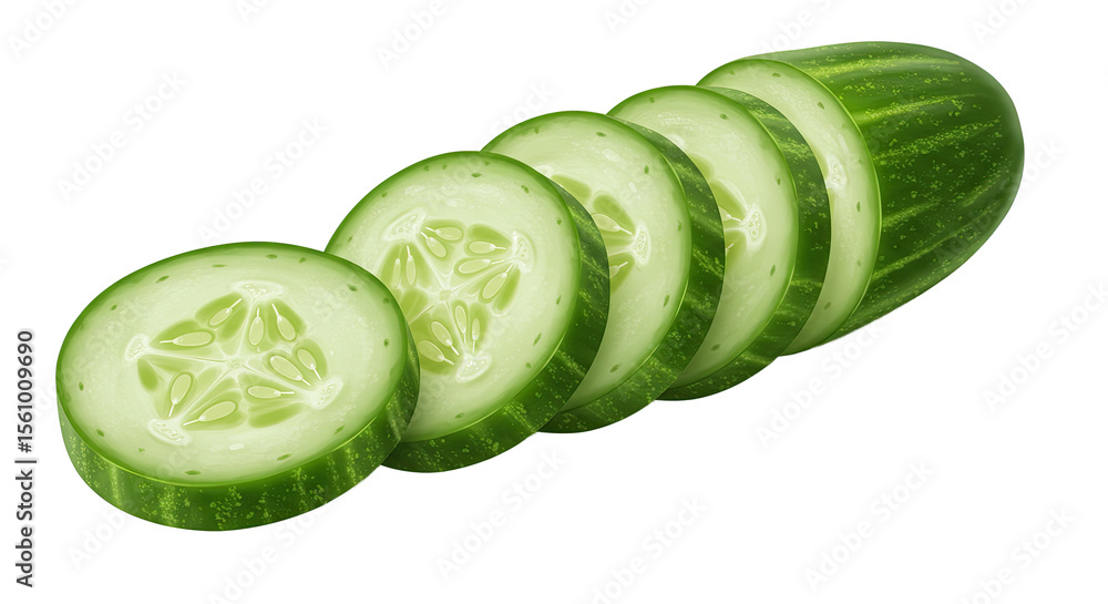 Poster Fresh cucumber slices arranged in a row on a black background
