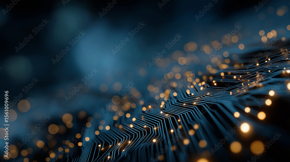 Poster digital circuitry: a close-up view of a futuristic circuit board, glowing with vibrant lights, symbo