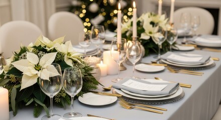 Fototapeta premium Elegant Christmas Dinner Table Setting with White Poinsettias and Gold Accents