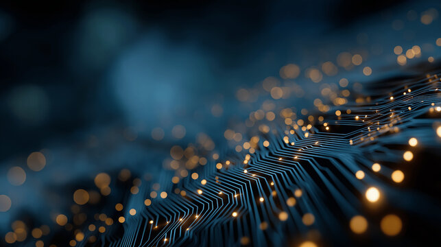 Digital Circuitry: A close-up view of a futuristic circuit board, glowing with vibrant lights, symbolizing innovation and technological progress. 