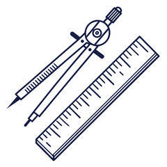 Dark blue compass and ruler icons on white background drawing measurement