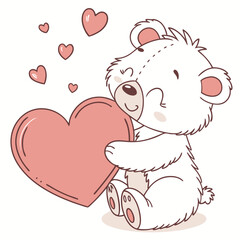 White teddy bear holding pink heart surrounded by smaller pink hearts love romance