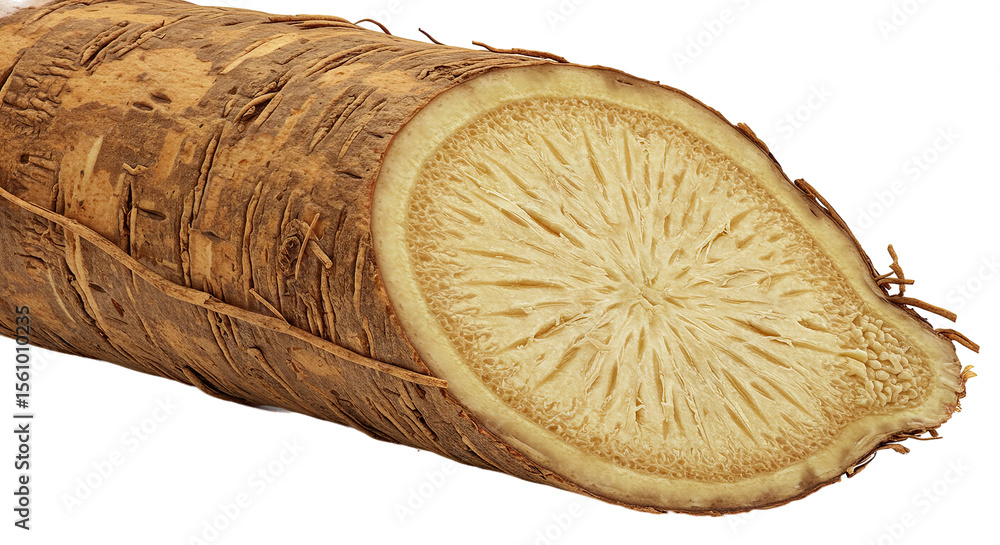 Poster fresh cut burdock root revealing its texture and internal structure closely
