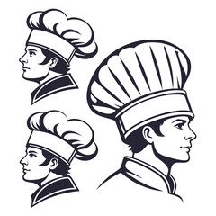 Three chefs in profile wearing tall hats cook head