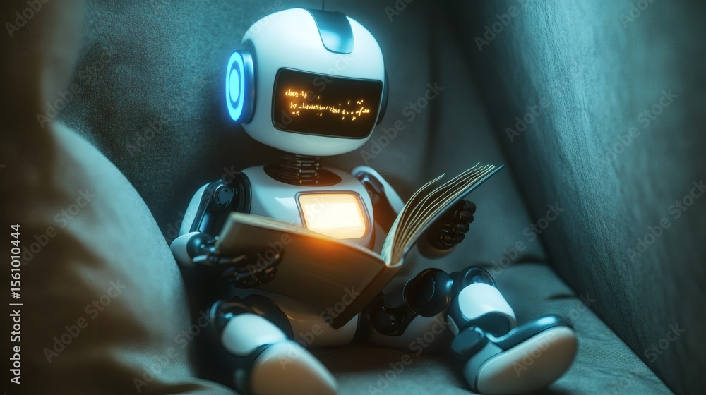 Poster a small friendly robot is reading a book on a sofa