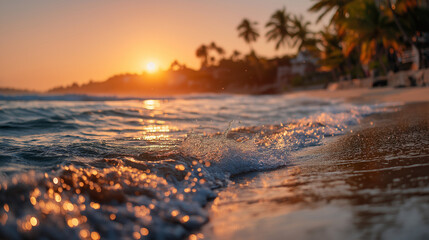 Obraz premium Golden Sunset Serenity: A breathtaking coastal scene unfolds as the sun dips towards the horizon, casting a warm, golden hue over the tranquil ocean. The gentle waves caress the shoreline.