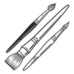 Three black paint brushes with varying bristle sizes and handle designs art supplies