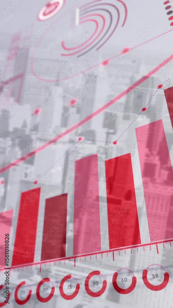 Poster animation of data processing with pink arrow over covid 19 cells and cityscape