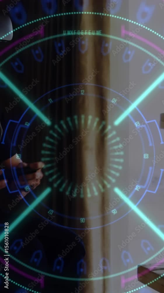 Poster data processing and scope scanning over caucasian man wearing vr headset while playing video games