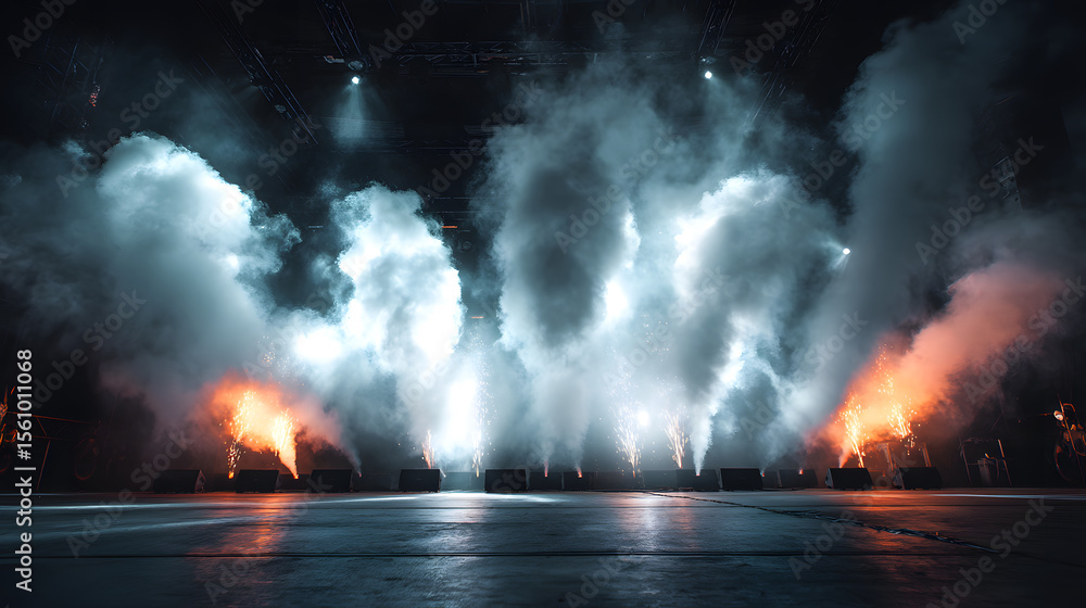 Poster atmospheric stage: a captivating stage illuminated by a dynamic interplay of stage lights and smoke,