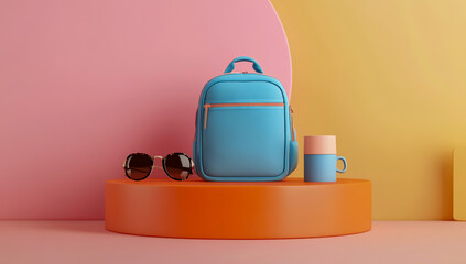 A blue backpack lies on a vibrant orange and pink podium, accompanied by stylish sunglasses and a coffee mug, creating a colorful and casual display.
