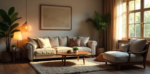 Fototapeta premium Relaxing in a Cozy Living Room Soft Lighting, Plush Furniture, and a Peaceful Atmosphere Perfect for Unwinding After a Long Day